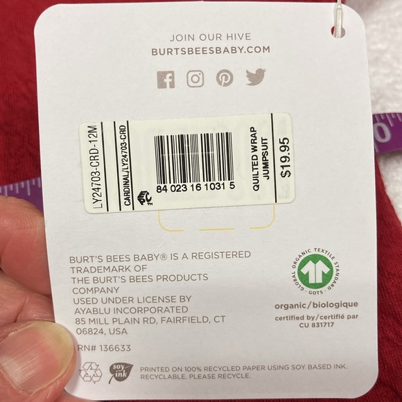 Burts bees organic cotton red full side snap long sleeve jumpsuit 12m - Picture 5 of 9